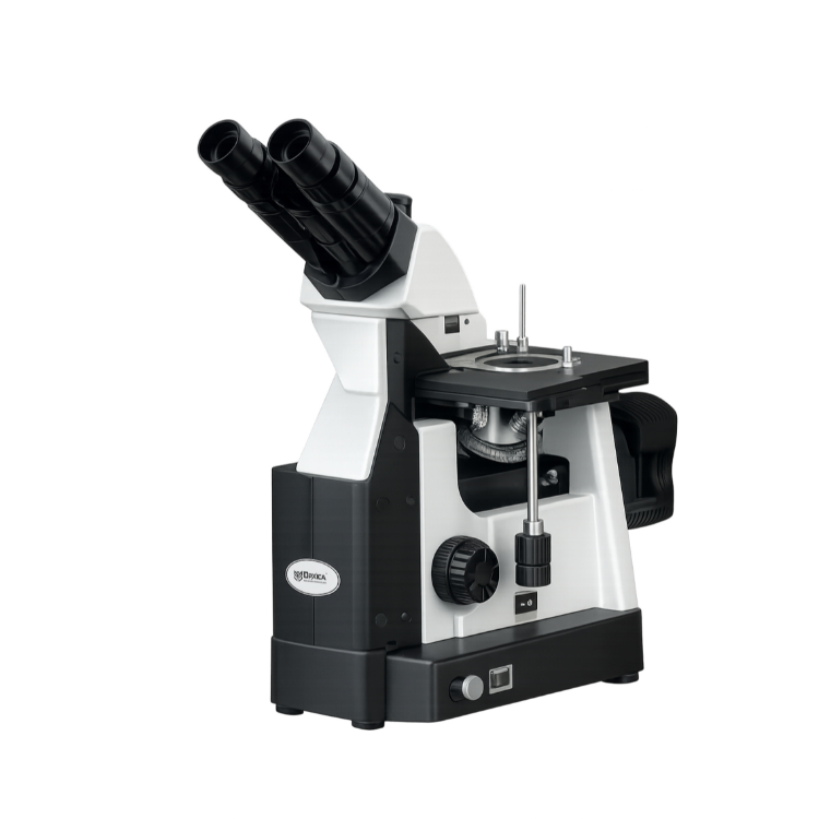 OPXICA Advanced Inverted Metallurgical Microscope INV-MET-139 with trinocular head, Köhler illumination, long working distance objectives, and triple-layer mechanical stage for metallurgical inspection.