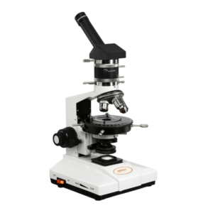 Advance Polarizing Monocular Microscope APM-135 with Bertrand lens, rotatable stage, polarizing optics, and built-in illumination for mineral and geological studies.