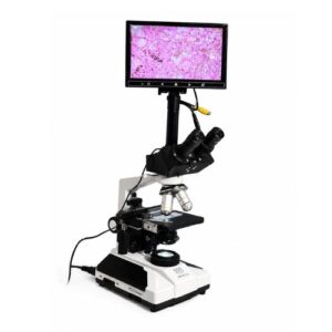 Digital Video Microscope DVM-106 featuring 7-inch LED display, binocular viewing head, built-in imaging system, and LED illumination for laboratory observation.