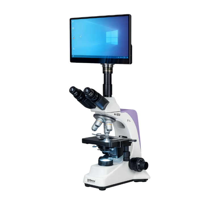 Digital Video Microscope DVM-107 featuring HD tablet display, trinocular viewing head, LED illumination, and precision measurement software for laboratory analysis.