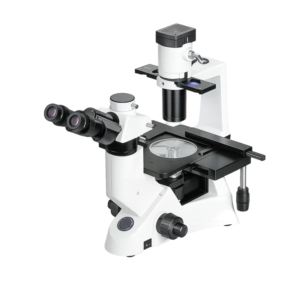 Inverted Tissue Culture Microscope ITCM-123 with trinocular head, long working distance objectives, LED illumination, and mechanical stage for cell culture observation.