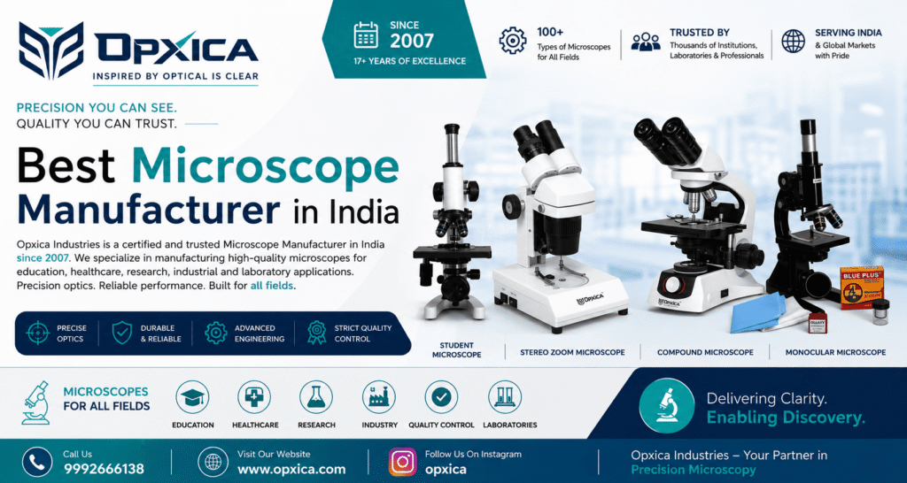 OPXICA microscope manufacturer in India offering student, stereo zoom, compound and monocular microscopes