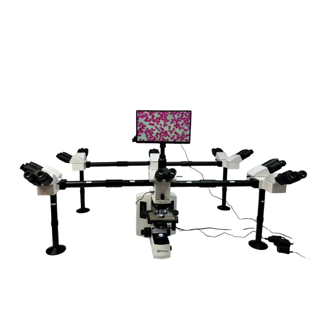 Deca Head Microscope DHM-120 with ten viewing heads for simultaneous specimen observation in medical colleges, pathology laboratories, universities, and research institutes.