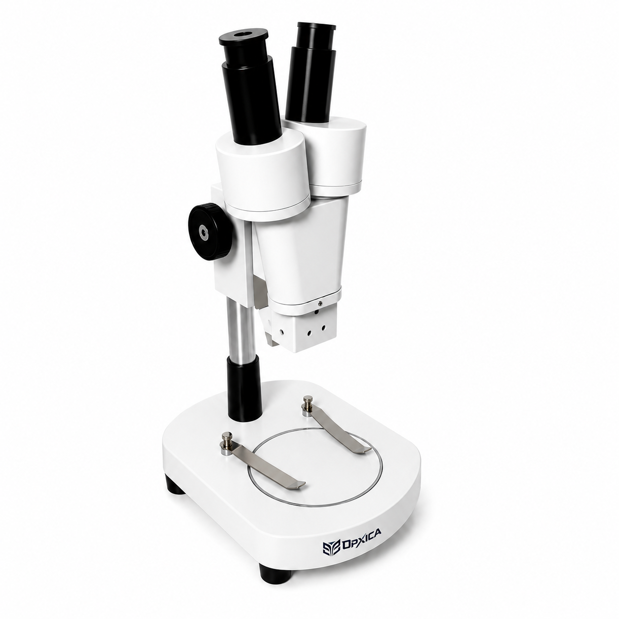 OPXICA Stereo Zoom Microscope OPX-130 with binocular viewing head, fixed magnification, transmitted illumination, and stable inspection stand for laboratory and industrial applications.