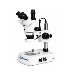 OPXICA Stereo Zoom Trinocular Microscope SZTM-131 featuring a 360° rotatable 30° inclined trinocular head, WF10X wide-field eyepieces, continuous 0.7X–4.5X zoom system, top and bottom illumination, glass stage with contrast plate, and heavy-duty column stand for precision 3D specimen observation, inspection, and digital imaging.