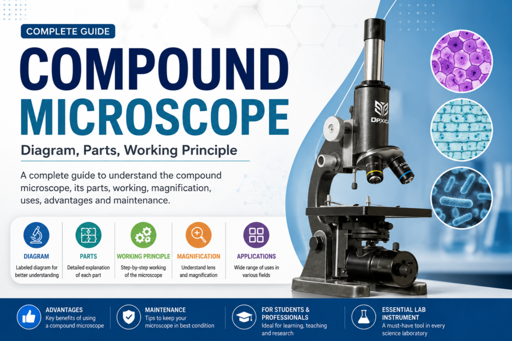 Compound microscope guide showing diagram, parts, working principle, magnification and applications