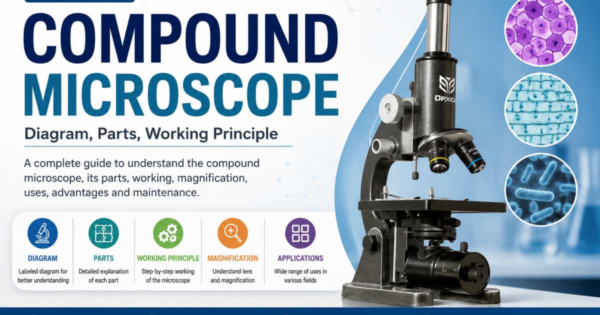 Compound microscope guide showing diagram, parts, working principle, magnification and applications