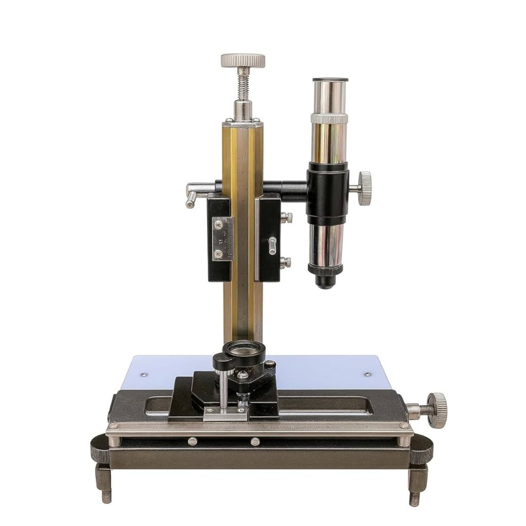 Deluxe Travelling Microscope DTM-142 featuring three-axis measurement system, achromatic optics, precision scale, and laboratory metrology applications.