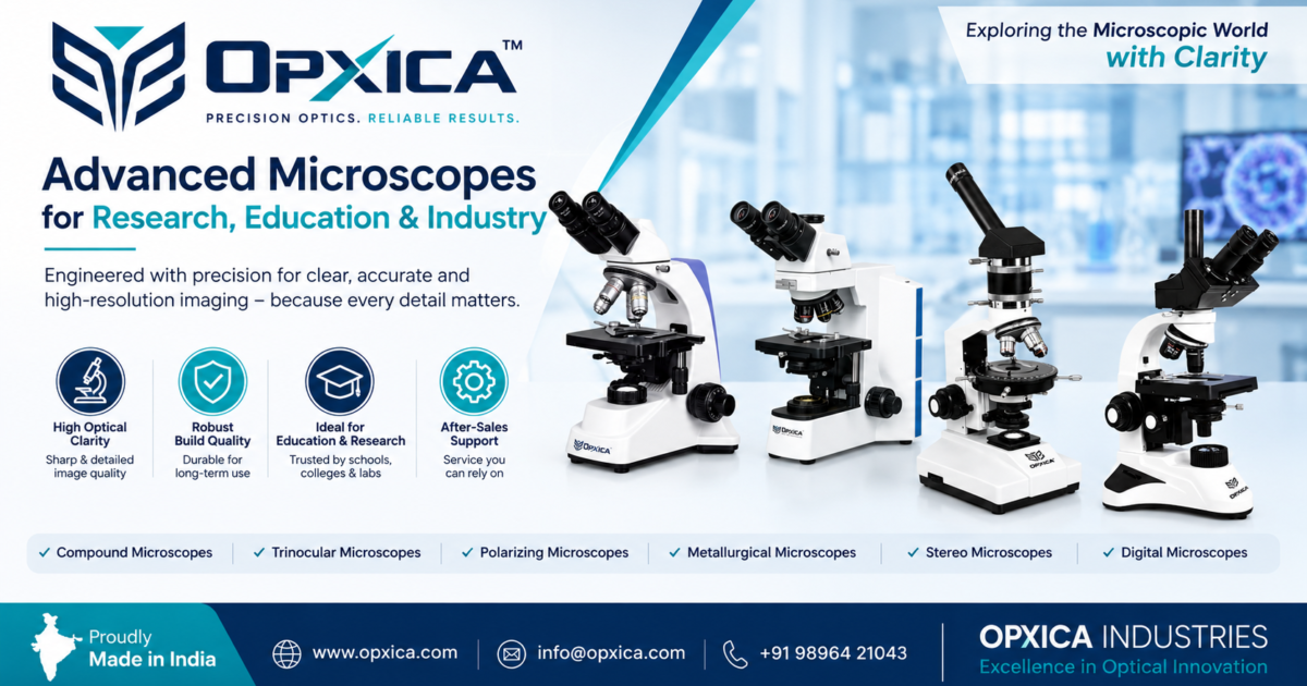 OPXICA Industries promotional banner showcasing advanced microscopes for research, education, healthcare, and industrial applications with precision optics, product categories, and company branding.
