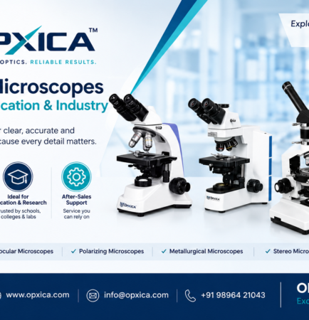 OPXICA Industries promotional banner showcasing advanced microscopes for research, education, healthcare, and industrial applications with precision optics, product categories, and company branding.