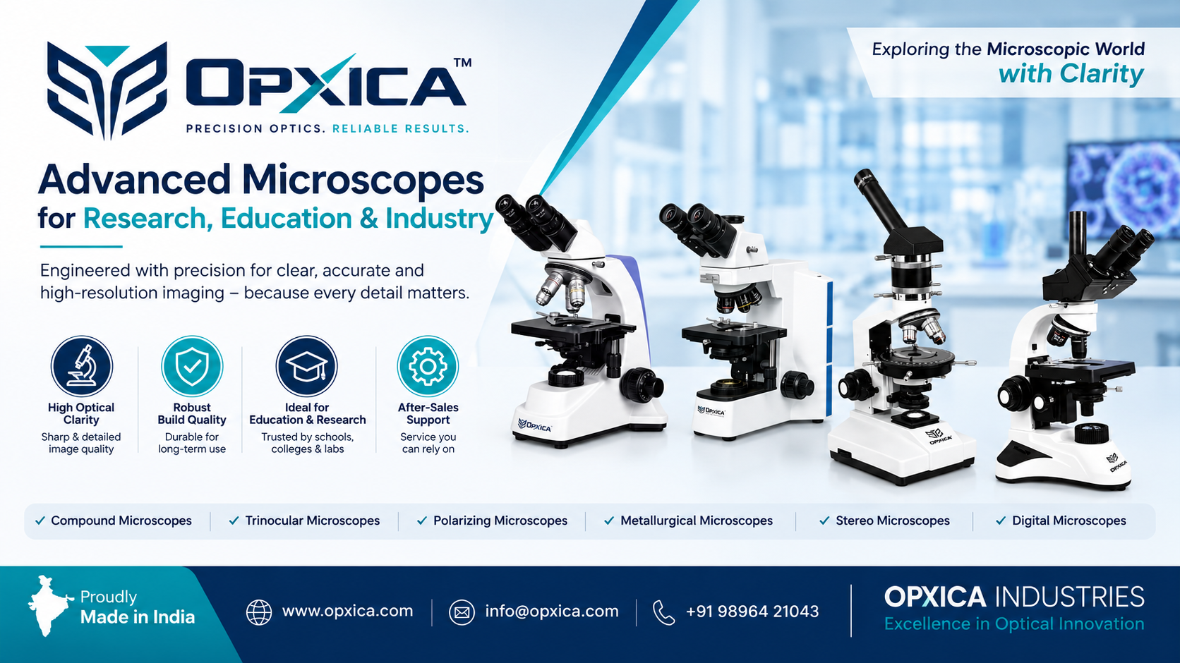 OPXICA Industries promotional banner showcasing advanced microscopes for research, education, healthcare, and industrial applications with precision optics, product categories, and company branding.