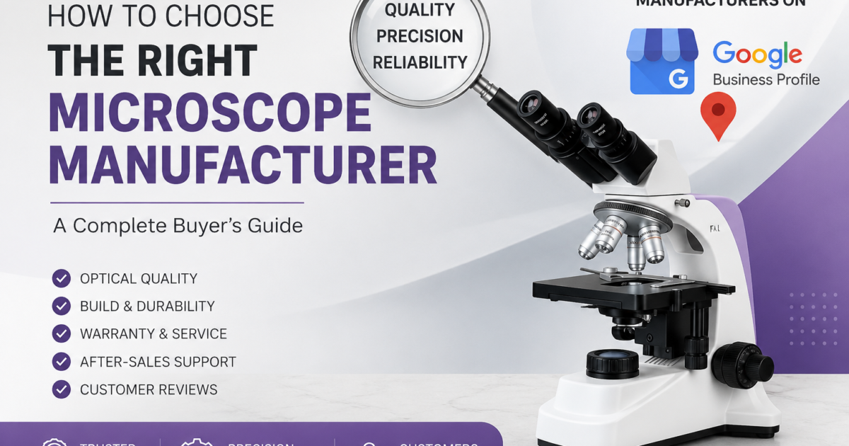 Professional microscope buyer’s guide banner showing a laboratory microscope, magnifying glass with cellular detail, and key factors for choosing a microscope manufacturer in India.