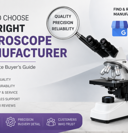 Professional microscope buyer’s guide banner showing a laboratory microscope, magnifying glass with cellular detail, and key factors for choosing a microscope manufacturer in India.