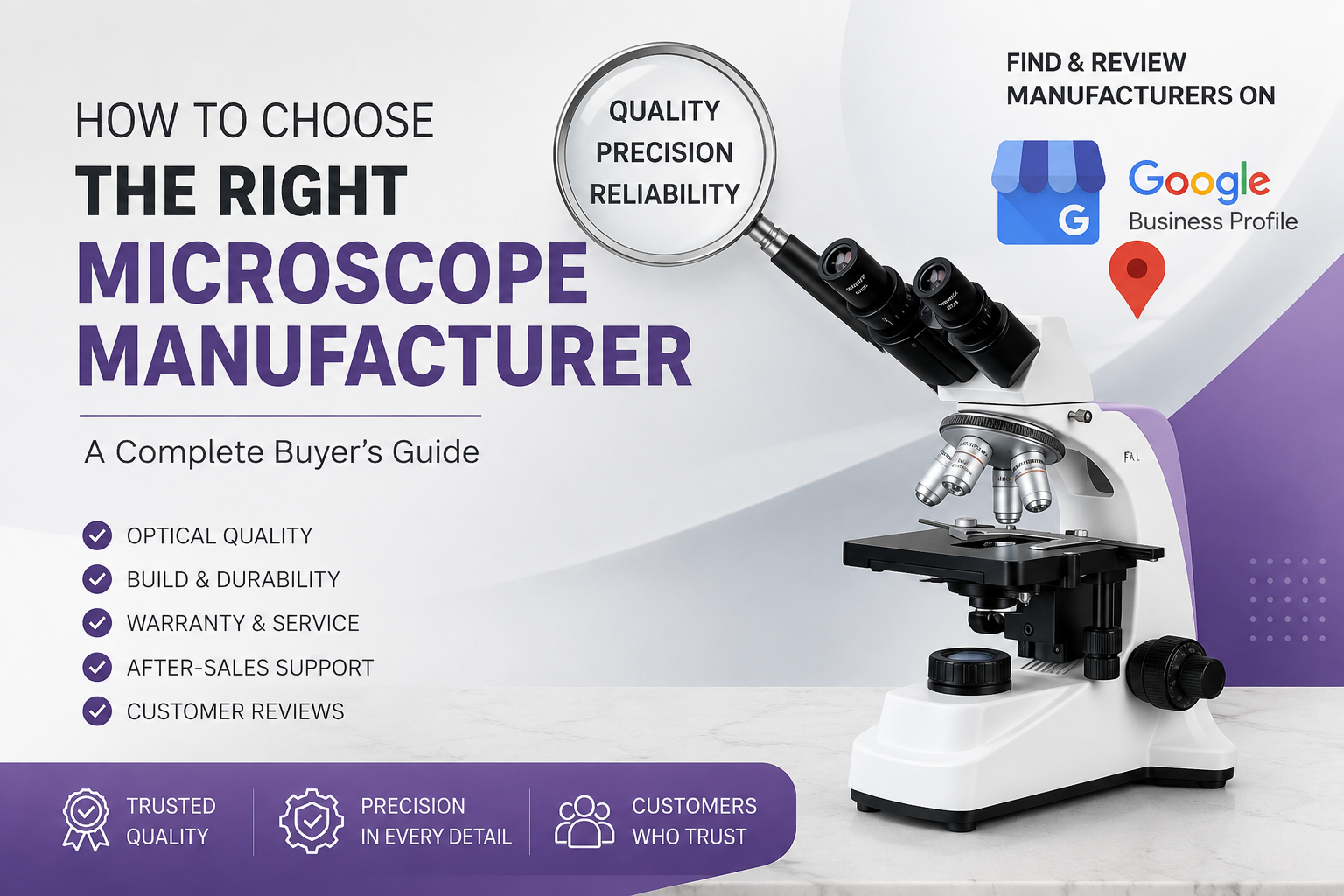 Professional microscope buyer’s guide banner showing a laboratory microscope, magnifying glass with cellular detail, and key factors for choosing a microscope manufacturer in India.