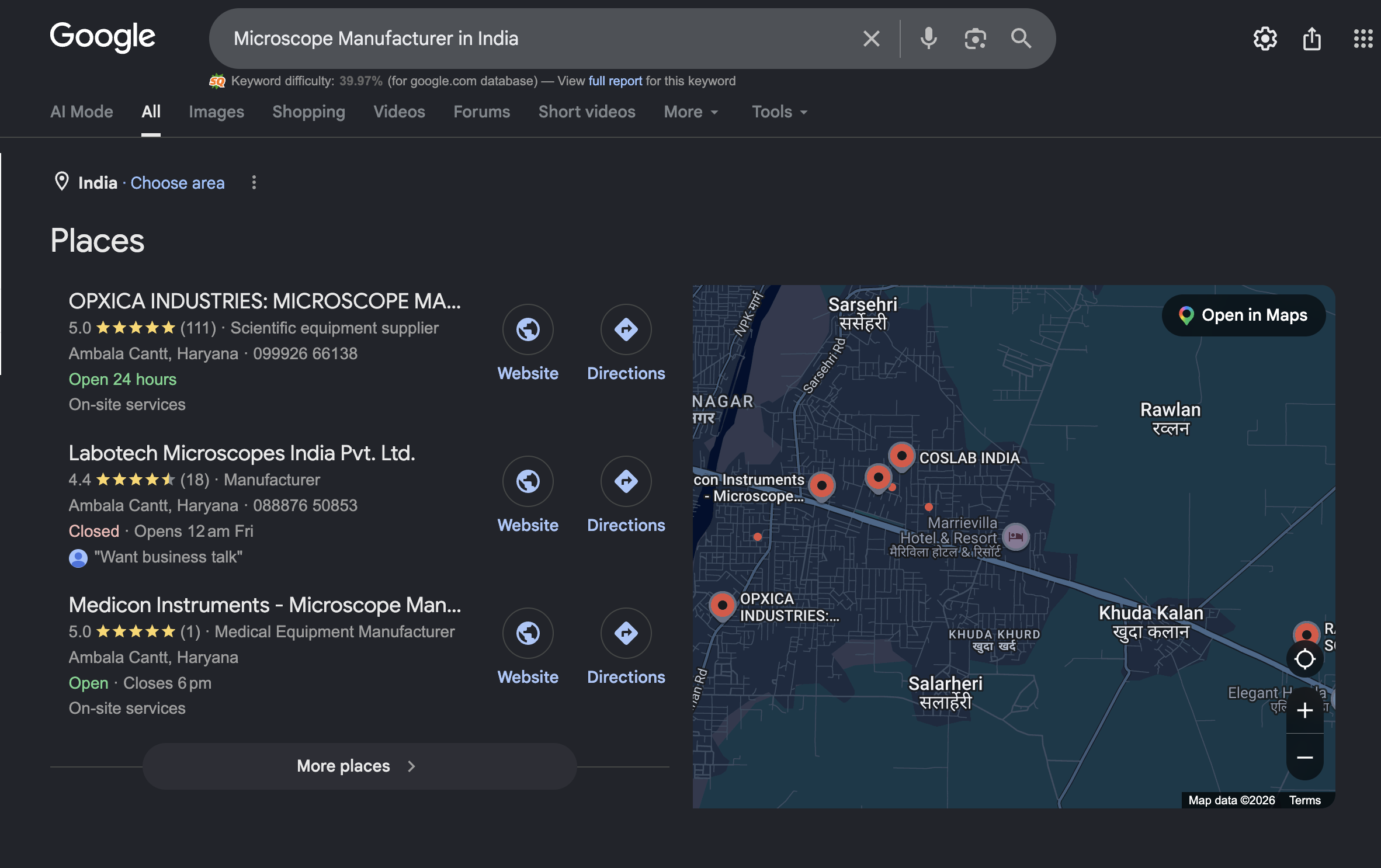 Google search results showing microscope manufacturers in India on Google Maps