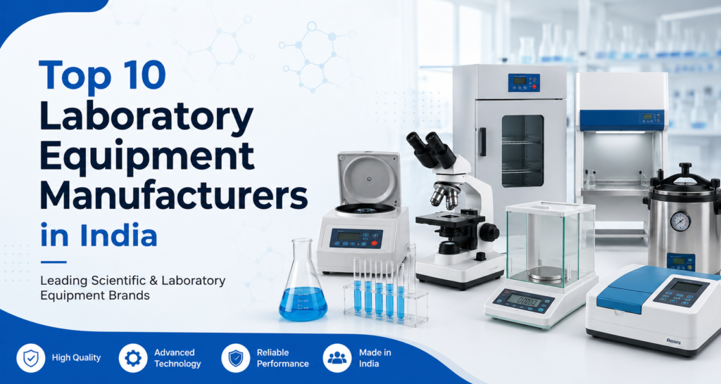Banner showing the top 10 laboratory equipment manufacturers in India with scientific instruments including a microscope, centrifuge, analytical balance, incubator, autoclave, spectrophotometer, and laboratory glassware.