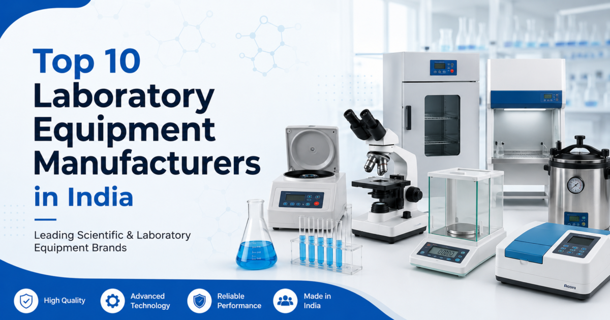Banner showing the top 10 laboratory equipment manufacturers in India with scientific instruments including a microscope, centrifuge, analytical balance, incubator, autoclave, spectrophotometer, and laboratory glassware.