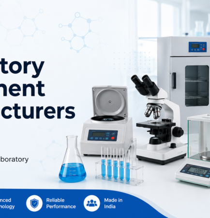 Banner showing the top 10 laboratory equipment manufacturers in India with scientific instruments including a microscope, centrifuge, analytical balance, incubator, autoclave, spectrophotometer, and laboratory glassware.