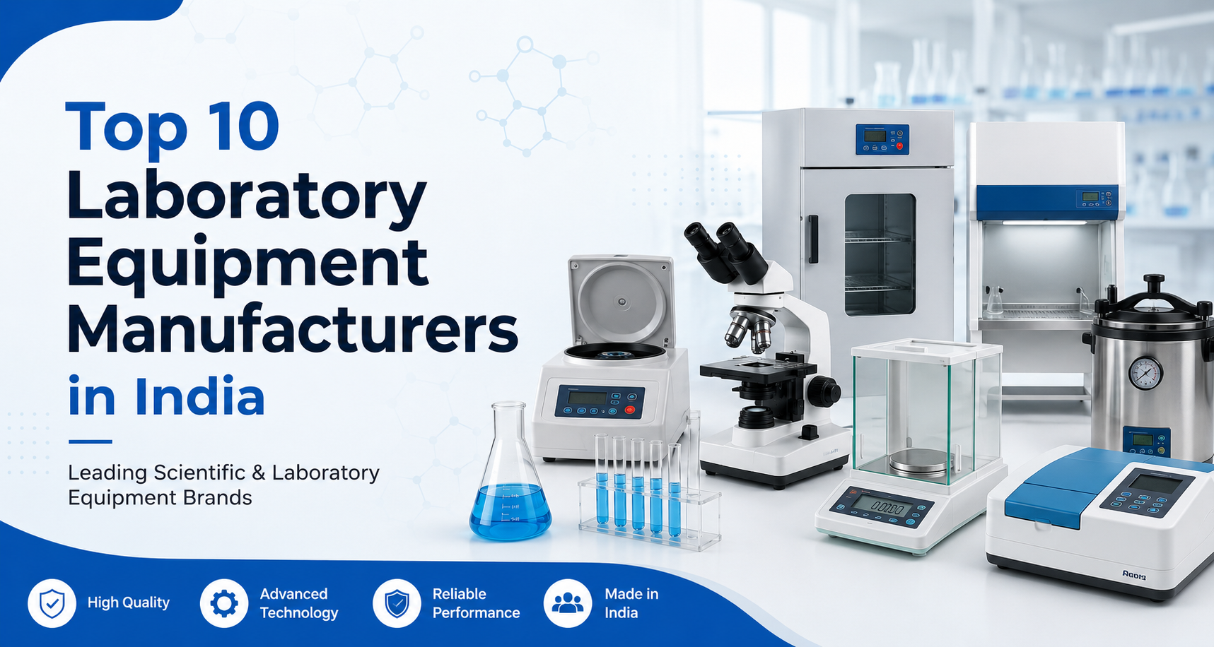 Banner showing the top 10 laboratory equipment manufacturers in India with scientific instruments including a microscope, centrifuge, analytical balance, incubator, autoclave, spectrophotometer, and laboratory glassware.