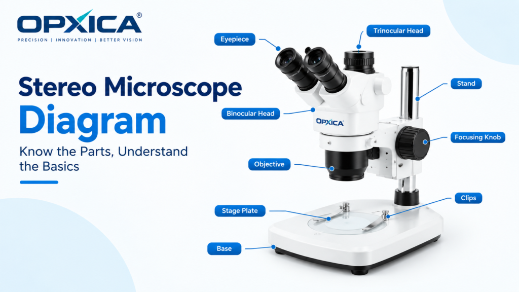 Stereo microscope diagram showing eyepiece, binocular head, trinocular head, objective, focusing knob, stage plate, clips, stand and base