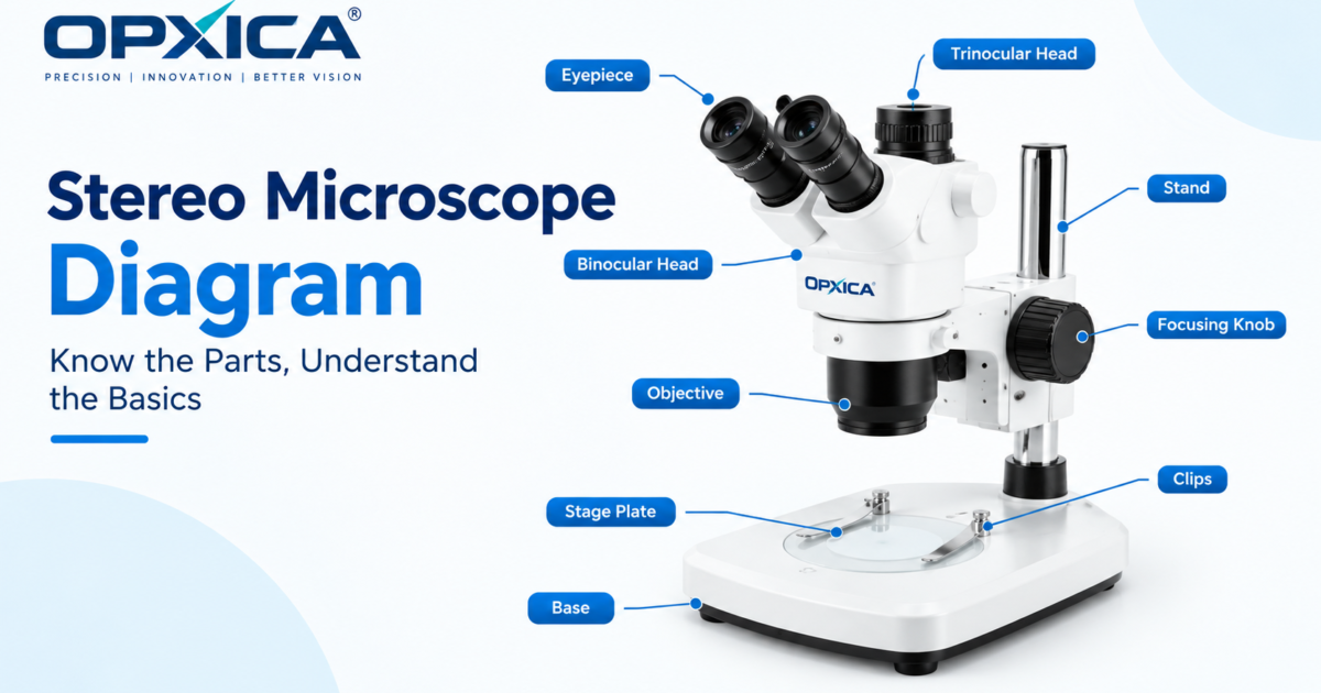 Stereo microscope diagram showing eyepiece, binocular head, trinocular head, objective, focusing knob, stage plate, clips, stand and base