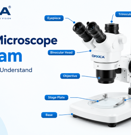 Stereo microscope diagram showing eyepiece, binocular head, trinocular head, objective, focusing knob, stage plate, clips, stand and base